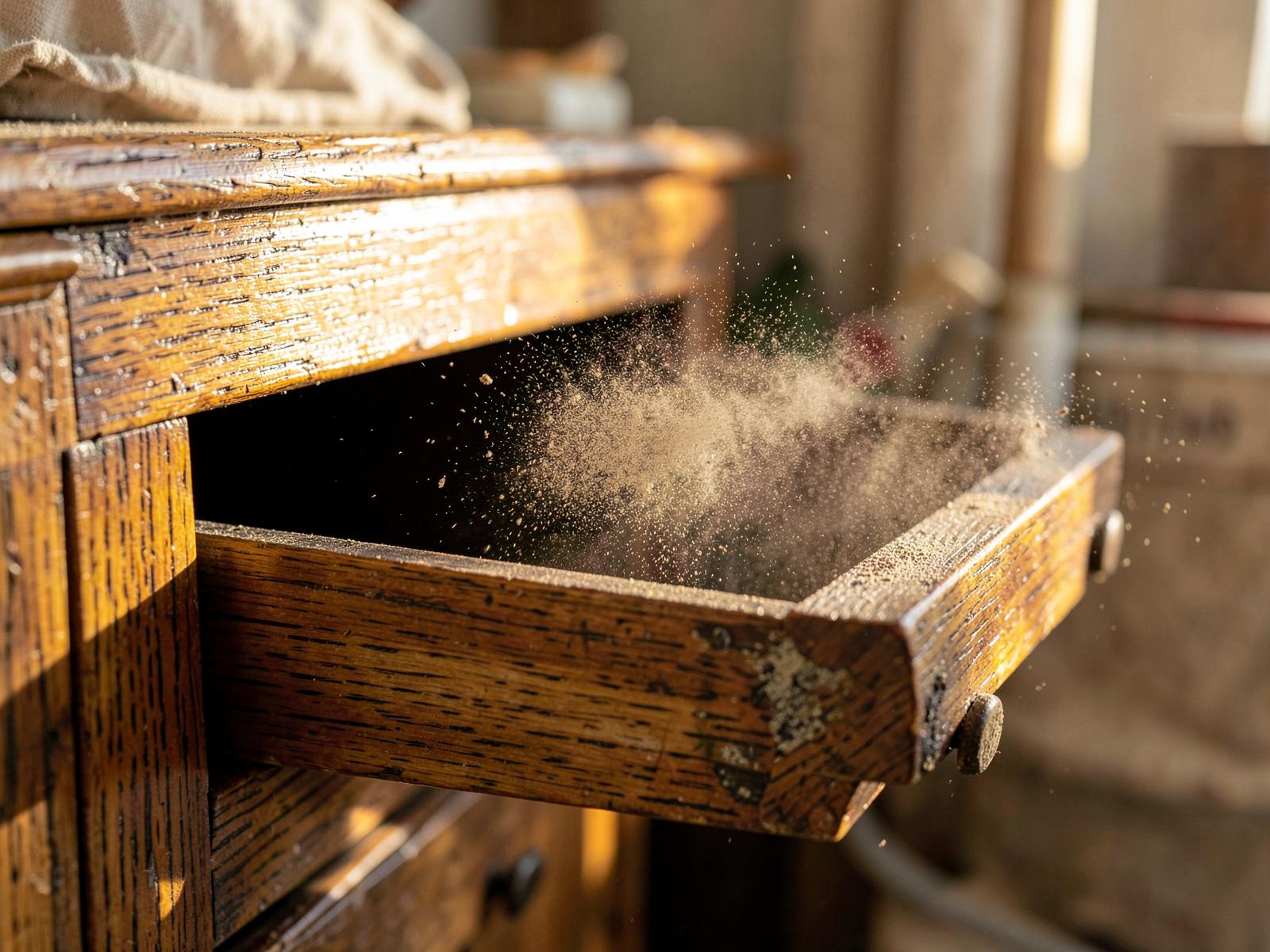 Gros plan sur le tiroir d'une commode ancienne en bois brut décapé à l'aérogommeuse